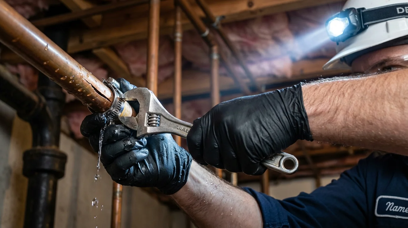 Emergency pipe clamp repair being performed by a Johns Plumbing LLC plumber in Ramsey