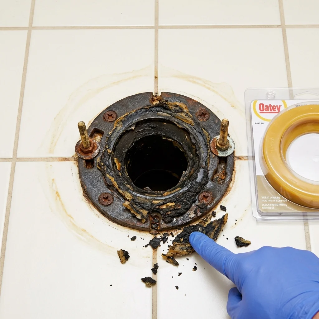 Failed wax ring showing water seepage at the base of a toilet in a Ramsey, NJ home