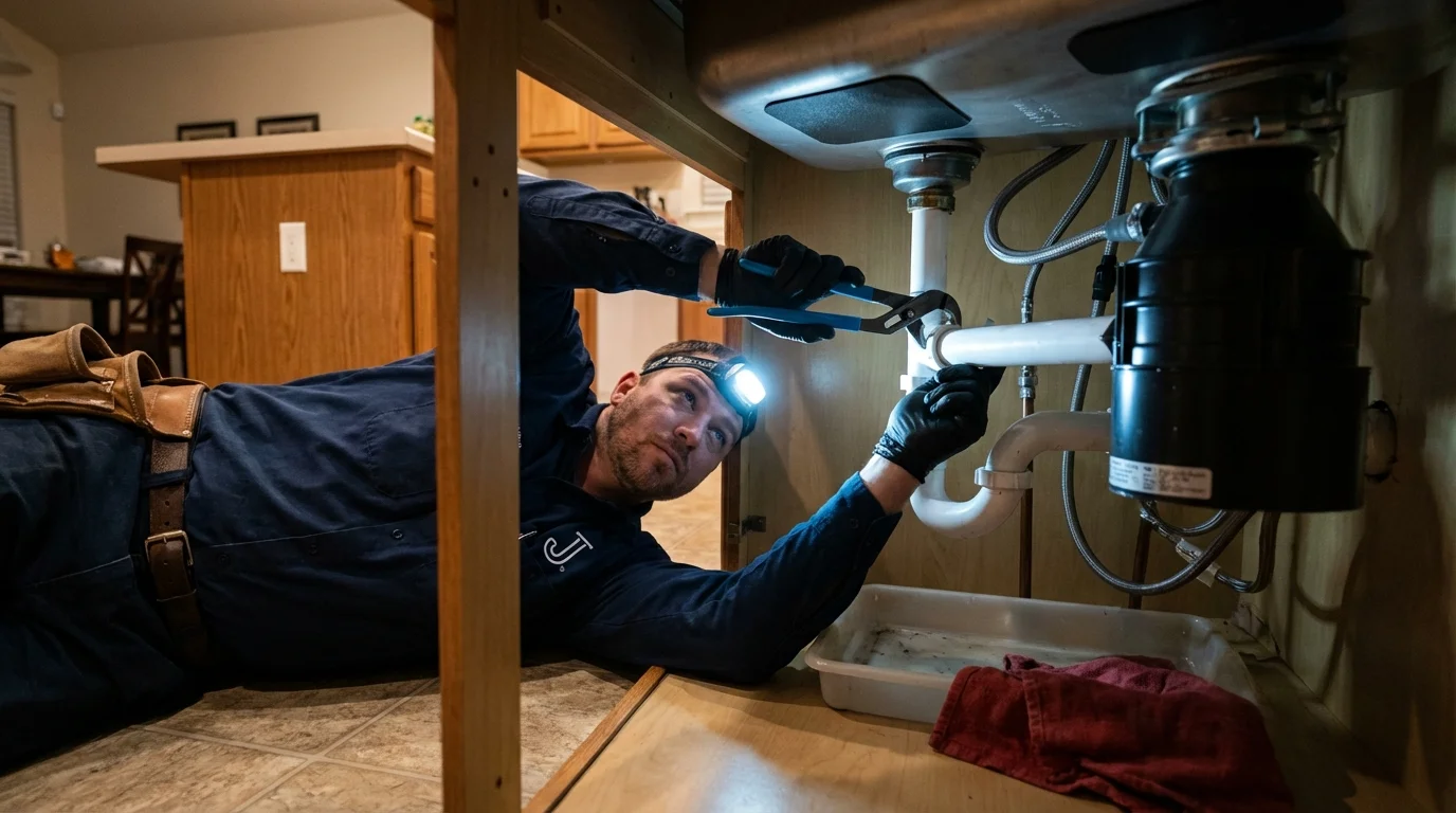 P-trap and supply line connections under a kitchen sink showing a common leak point in Ramsey, NJ